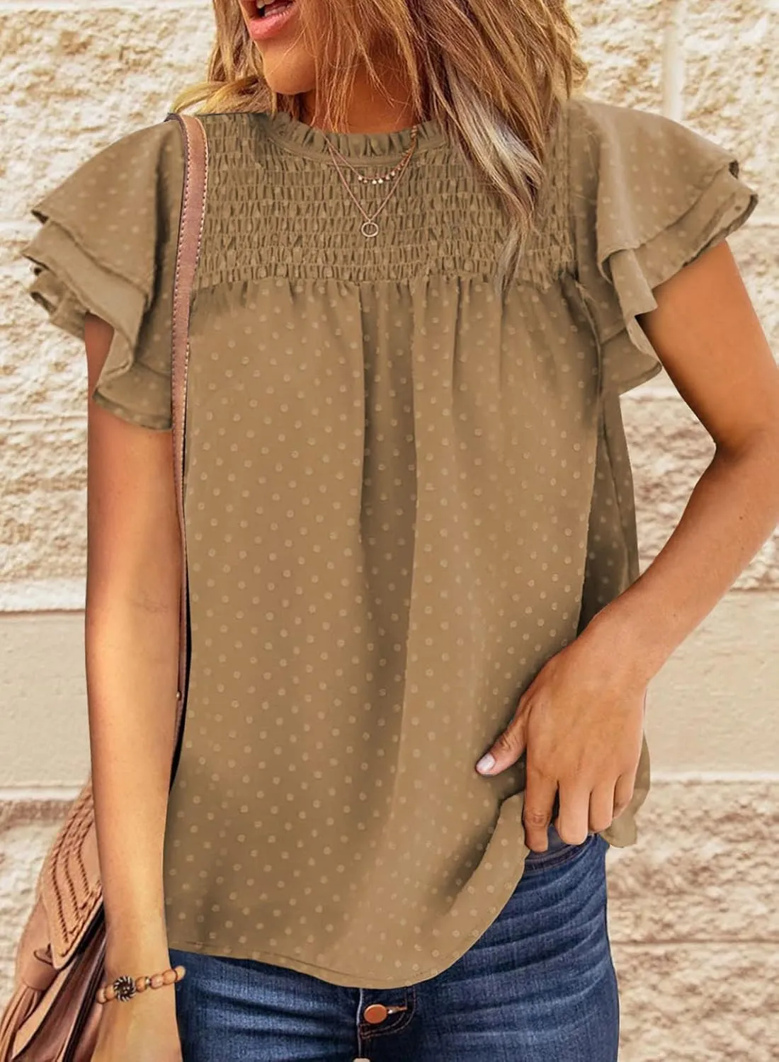 Dokotoo Womens Crewneck Lace Crochet Pom Pom Flowy Short Sleeve Casual Shirts Blouses Tops