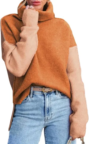 Dokotoo Womens Turtleneck Sweaters Casual Long Sleeve Color Block Side Slit Pullover Knit Jumper Tops