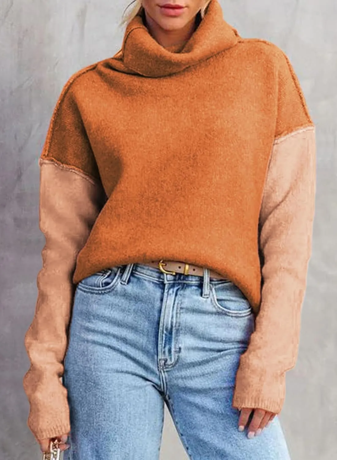 Dokotoo Womens Turtleneck Sweaters Casual Long Sleeve Color Block Side Slit Pullover Knit Jumper Tops