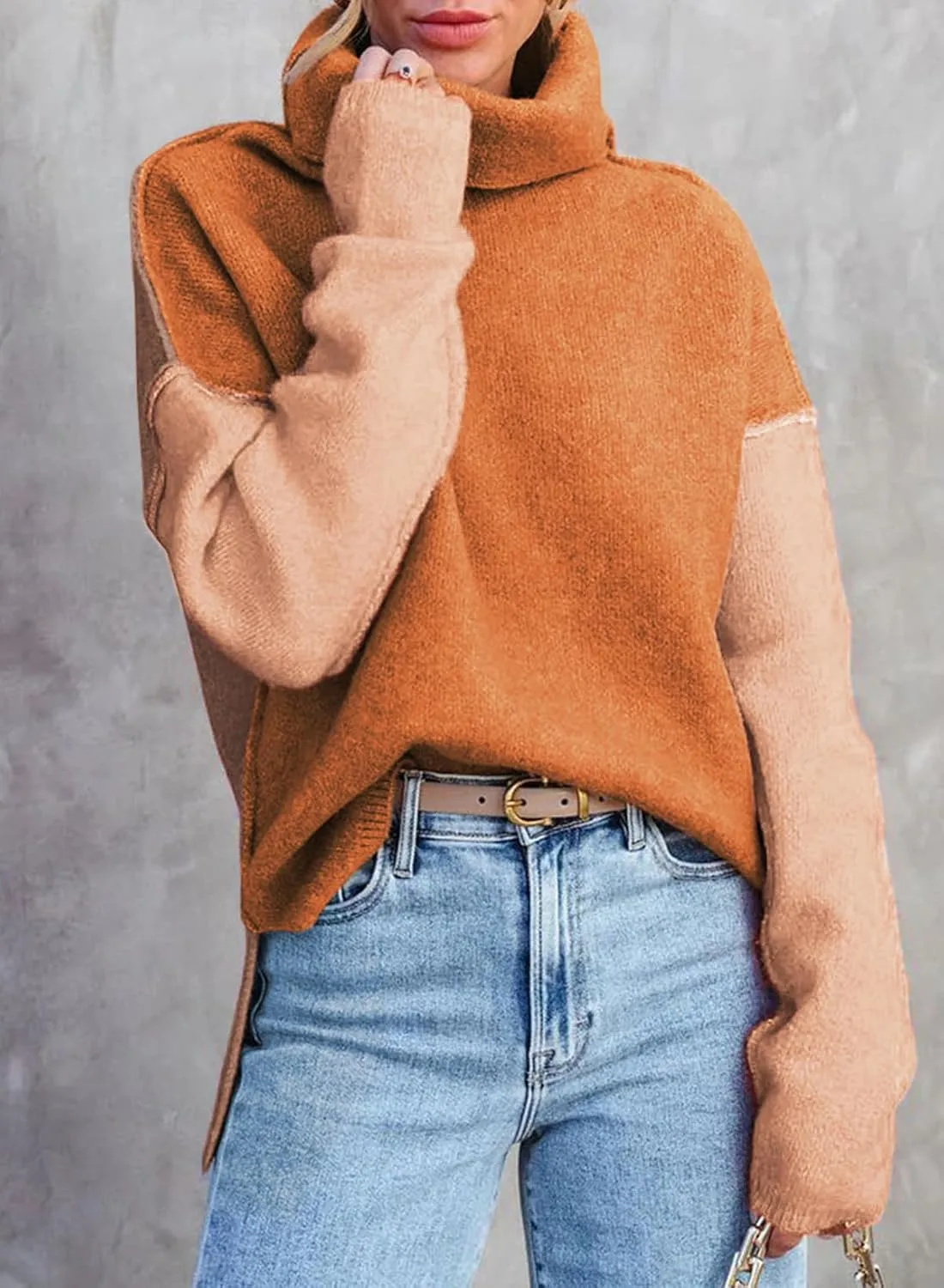 Dokotoo Womens Turtleneck Sweaters Casual Long Sleeve Color Block Side Slit Pullover Knit Jumper Tops