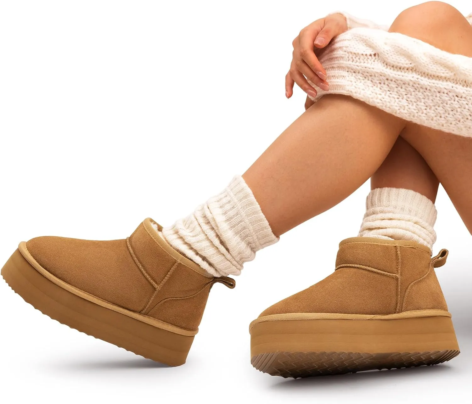 DREAM PAIRS FuzzyClassic Platform Mini Boots for Women Suede Genuine Leather, Classic Winter Ankle Snow Boots with Memory Foam Insole Lightweight Anti-Slip Outsole Outdoor