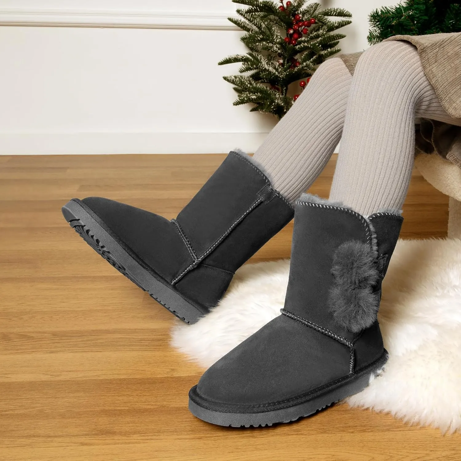 DREAM PAIRS Girls Boots Kids Boys Winter Snow Suede Mid Calf Boots Faux Fur Lined FuzzyChic Kid's Lolly for Little Kid/Big Kid