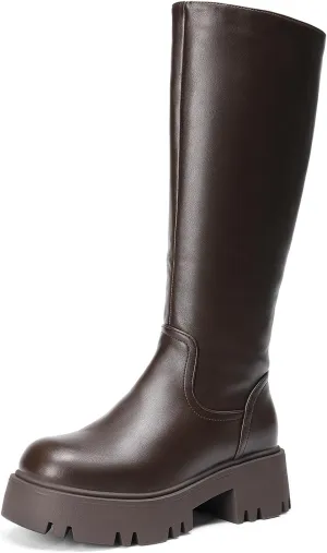DREAM PAIRS Knee High Boots, Comfortable Chunky Platform Round-Toe Side Zip Boots for Women