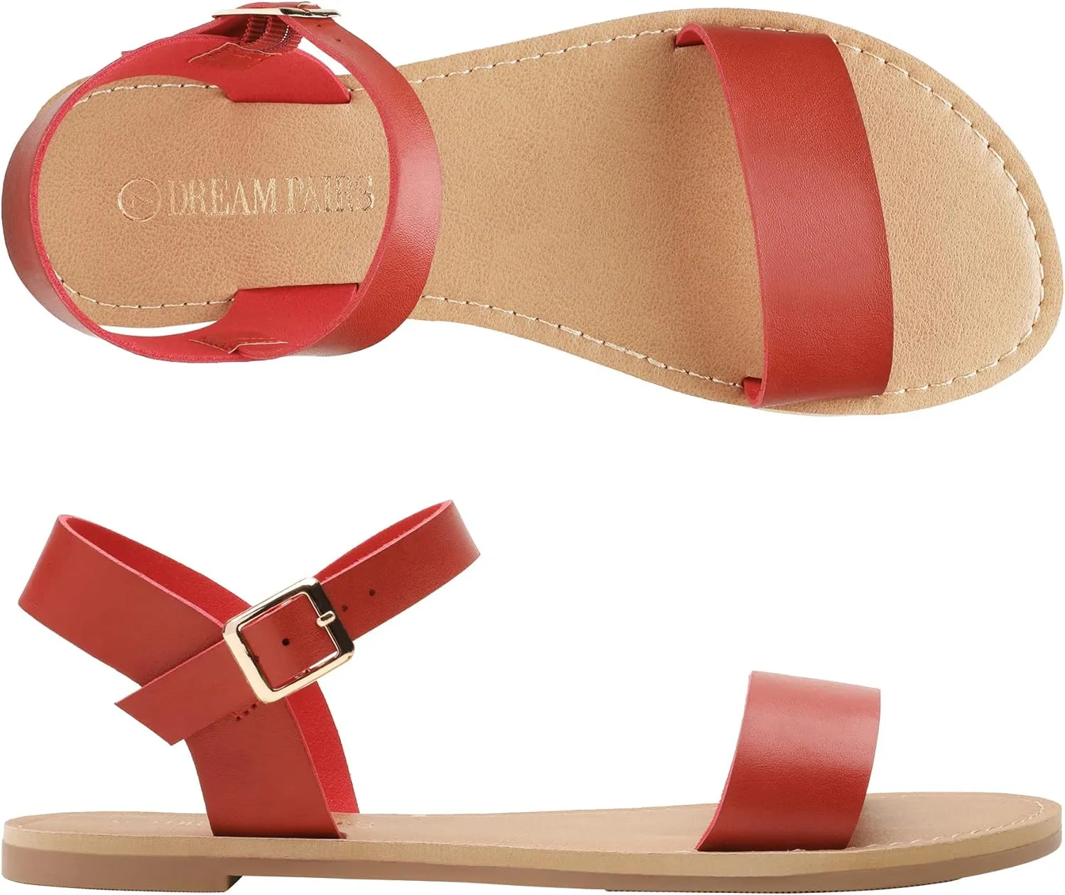 DREAM PAIRS Women's Ankle Strap Flat Sandals Open Toes One Band Buckle Summer Dressy Sandals