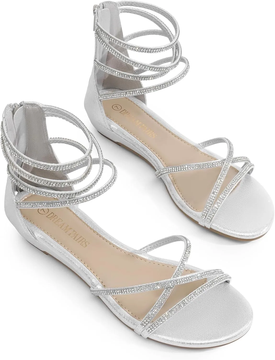 DREAM PAIRS Women's Ankle Strap Flat Sandals Summer Dressy Strappy Gladiator Rhinestones Sandals