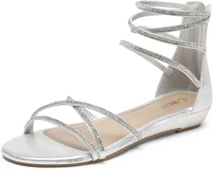 DREAM PAIRS Women's Ankle Strap Flat Sandals Summer Dressy Strappy Gladiator Rhinestones Sandals