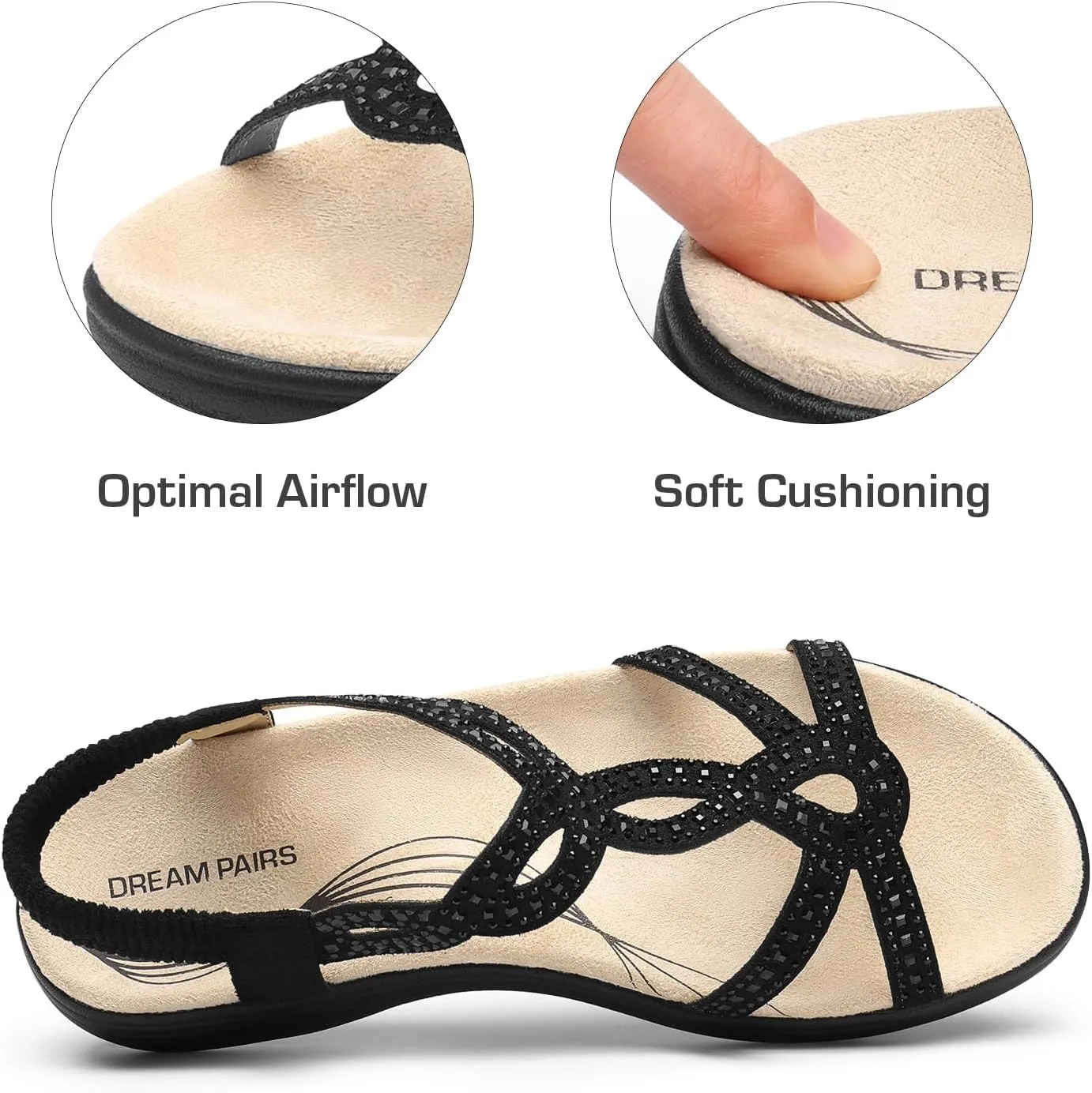 DREAM PAIRS Women's Comfort Dressy Rhinestone Summer Beach Sandals Slip-on Flat Walking Orthopedic Sandals with Elastica Back Strap