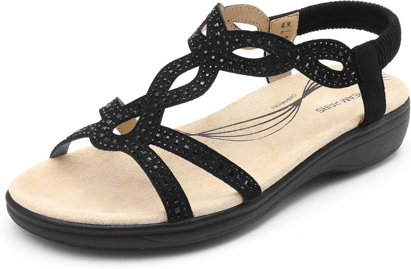DREAM PAIRS Women's Comfort Dressy Rhinestone Summer Beach Sandals Slip-on Flat Walking Orthopedic Sandals with Elastica Back Strap