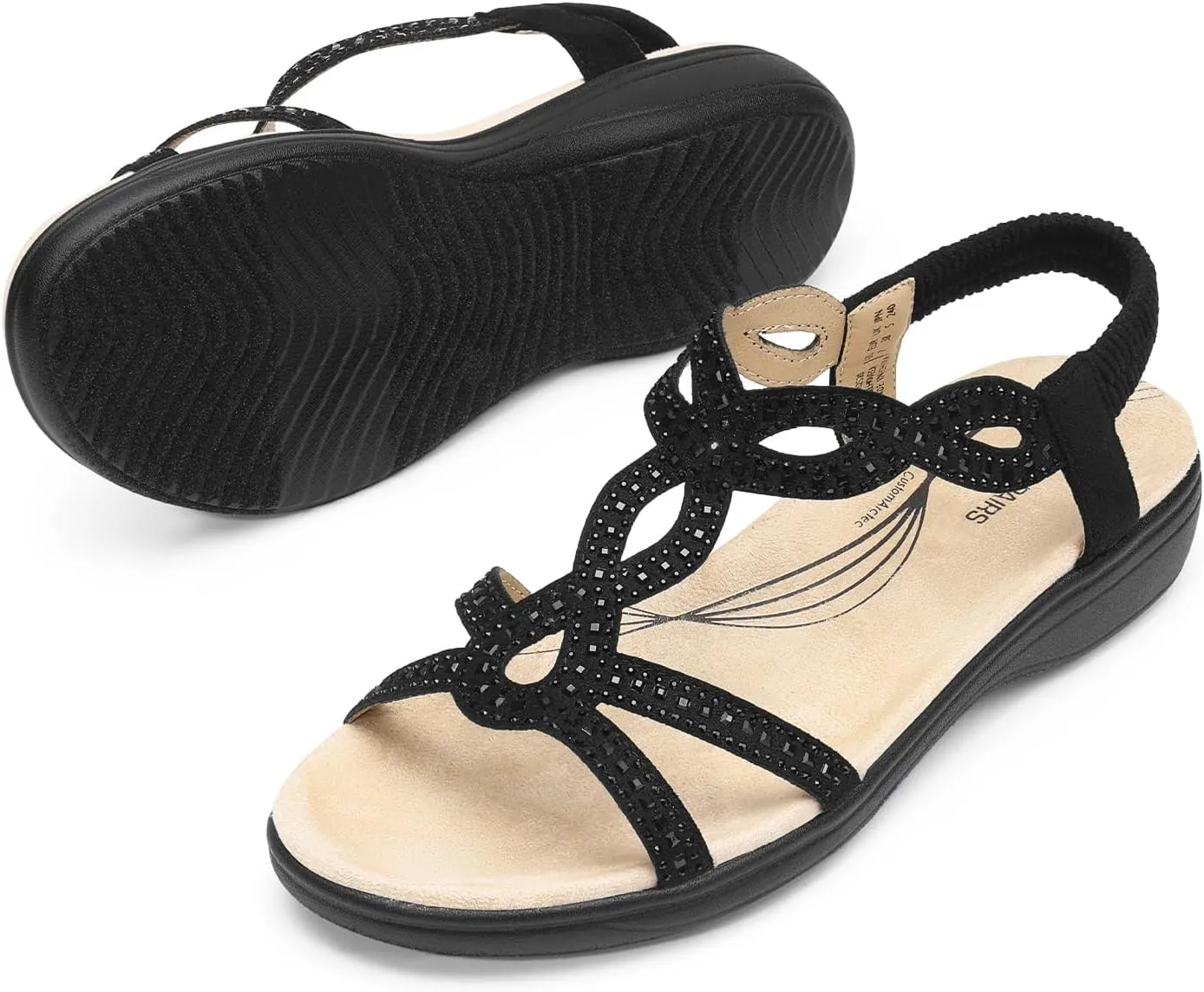 DREAM PAIRS Women's Comfort Dressy Rhinestone Summer Beach Sandals Slip-on Flat Walking Orthopedic Sandals with Elastica Back Strap