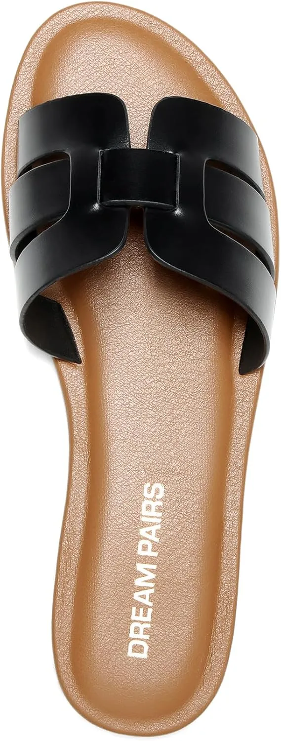 DREAM PAIRS Women's Dressy Slide Sandals Slip-on Open Round Toe Flat Sandals Fashion Casual Comfortable Summer Beach Walking Slides