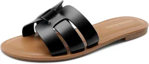 DREAM PAIRS Women's Dressy Slide Sandals Slip-on Open Round Toe Flat Sandals Fashion Casual Comfortable Summer Beach Walking Slides