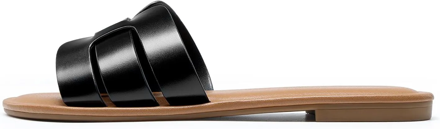 DREAM PAIRS Women's Dressy Slide Sandals Slip-on Open Round Toe Flat Sandals Fashion Casual Comfortable Summer Beach Walking Slides