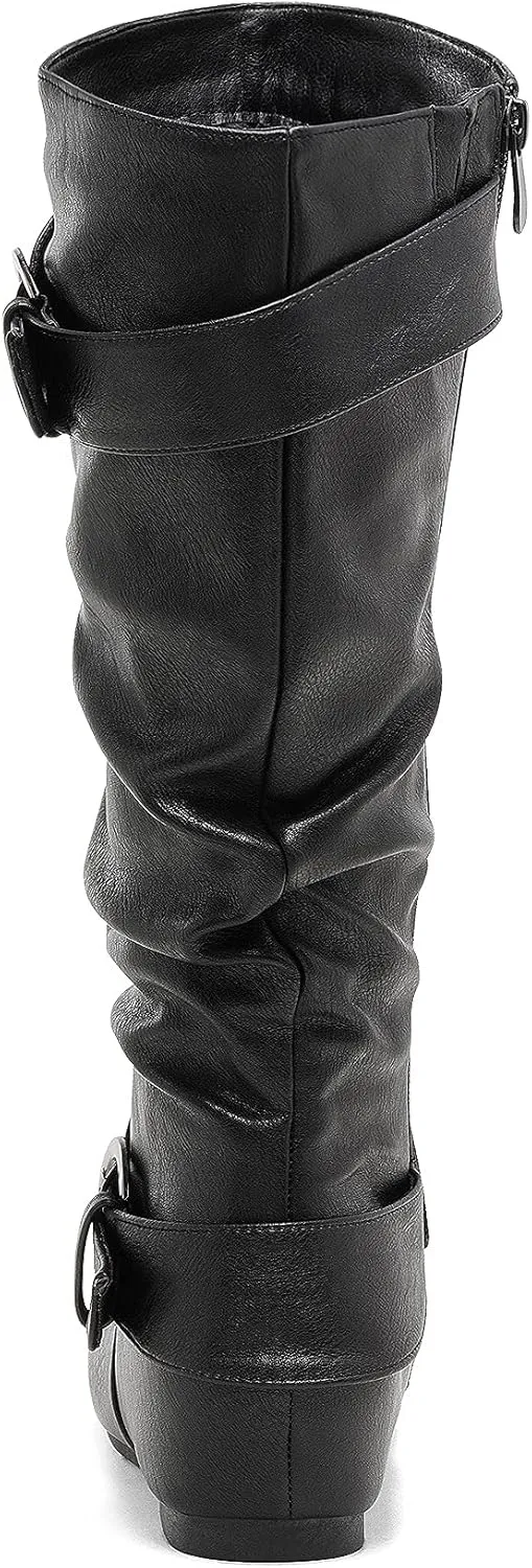 DREAM PAIRS Women's Knee High Low Hidden Wedge Boots Suede Faux Fur Lining Side Zipper Knee High Boots