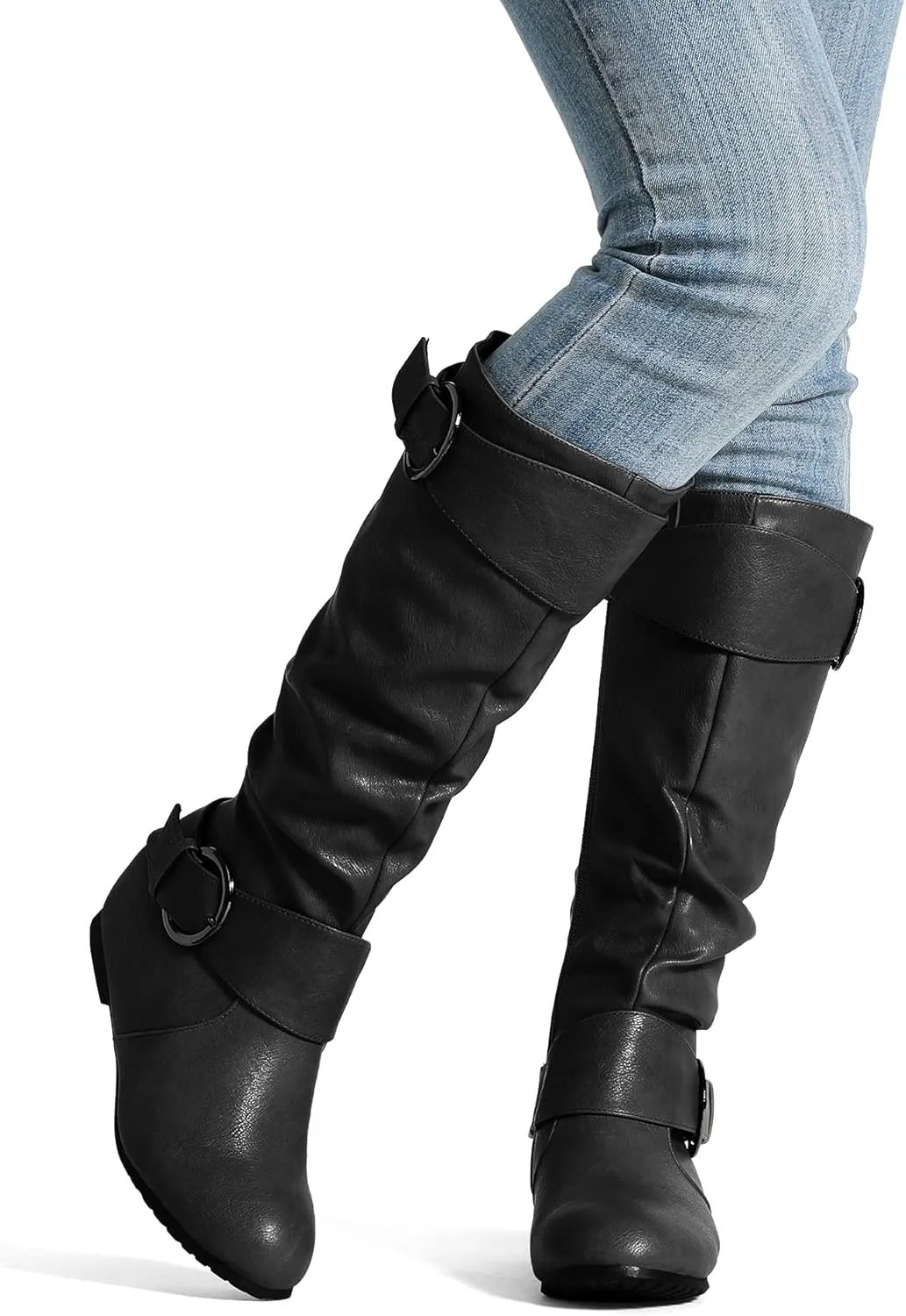 DREAM PAIRS Women's Knee High Low Hidden Wedge Boots Suede Faux Fur Lining Side Zipper Knee High Boots