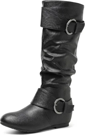 DREAM PAIRS Women's Knee High Low Hidden Wedge Boots Suede Faux Fur Lining Side Zipper Knee High Boots