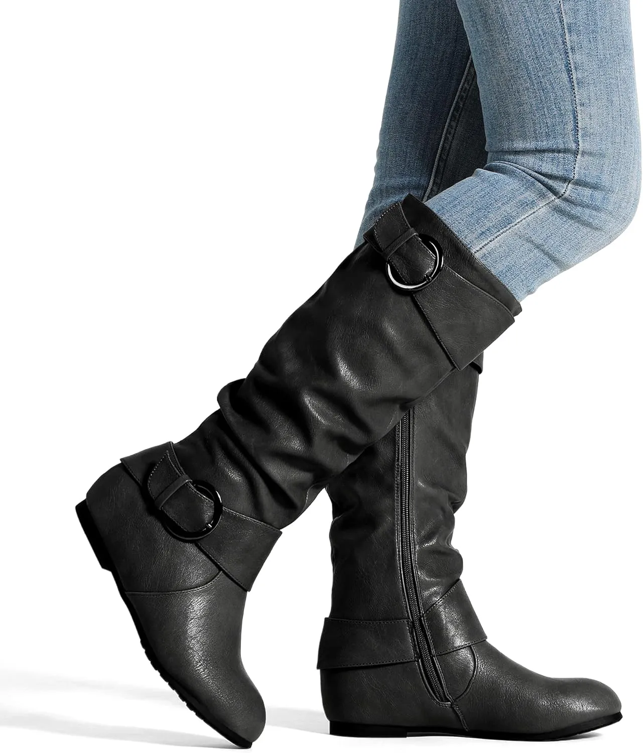 DREAM PAIRS Women's Knee High Low Hidden Wedge Boots Suede Faux Fur Lining Side Zipper Knee High Boots