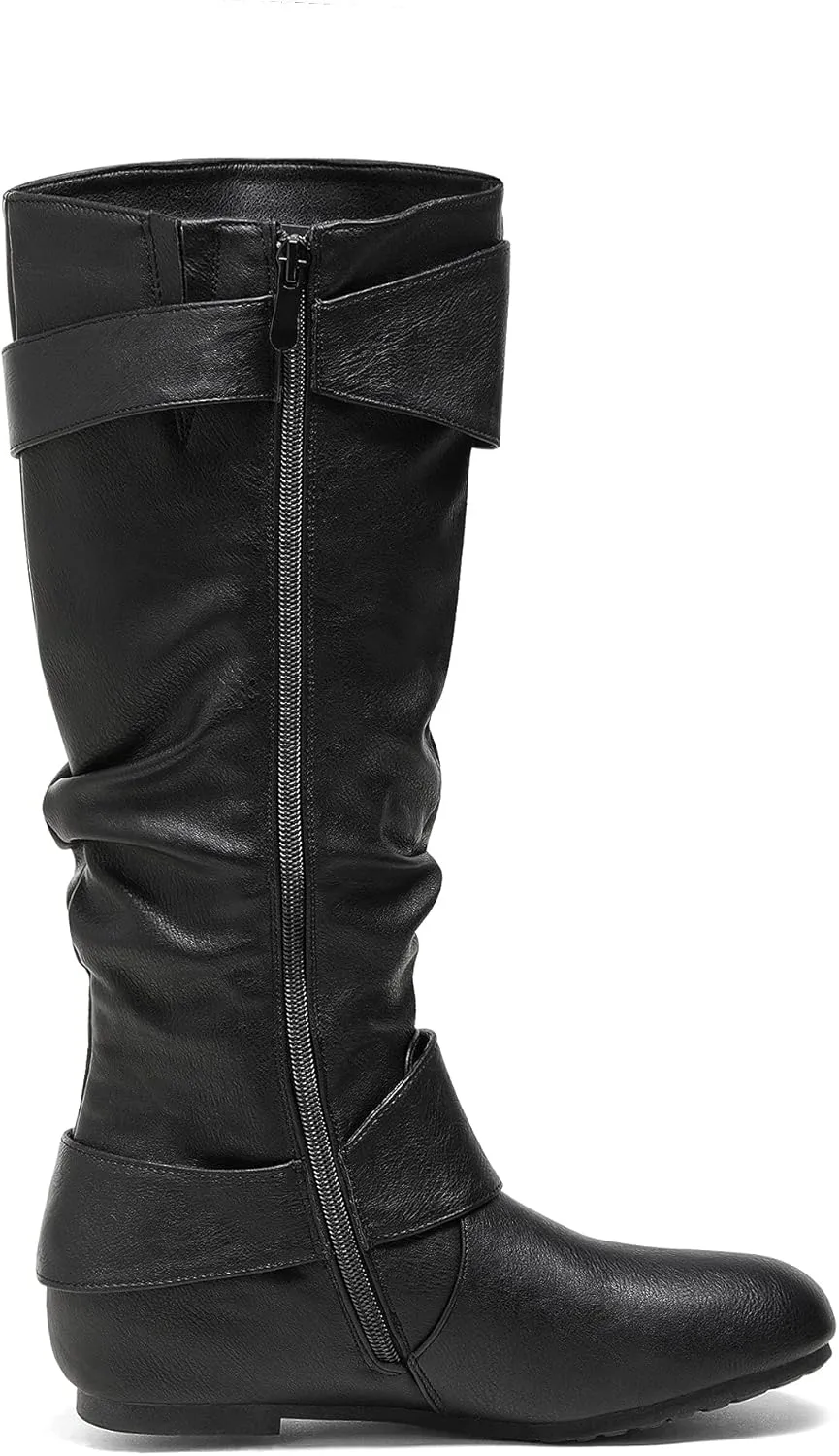 DREAM PAIRS Women's Knee High Low Hidden Wedge Boots Suede Faux Fur Lining Side Zipper Knee High Boots