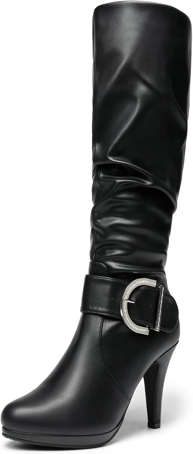 DREAM PAIRS Women's Knee-High Stiletto Boots, Black, Fashion & Classic Dress Boots