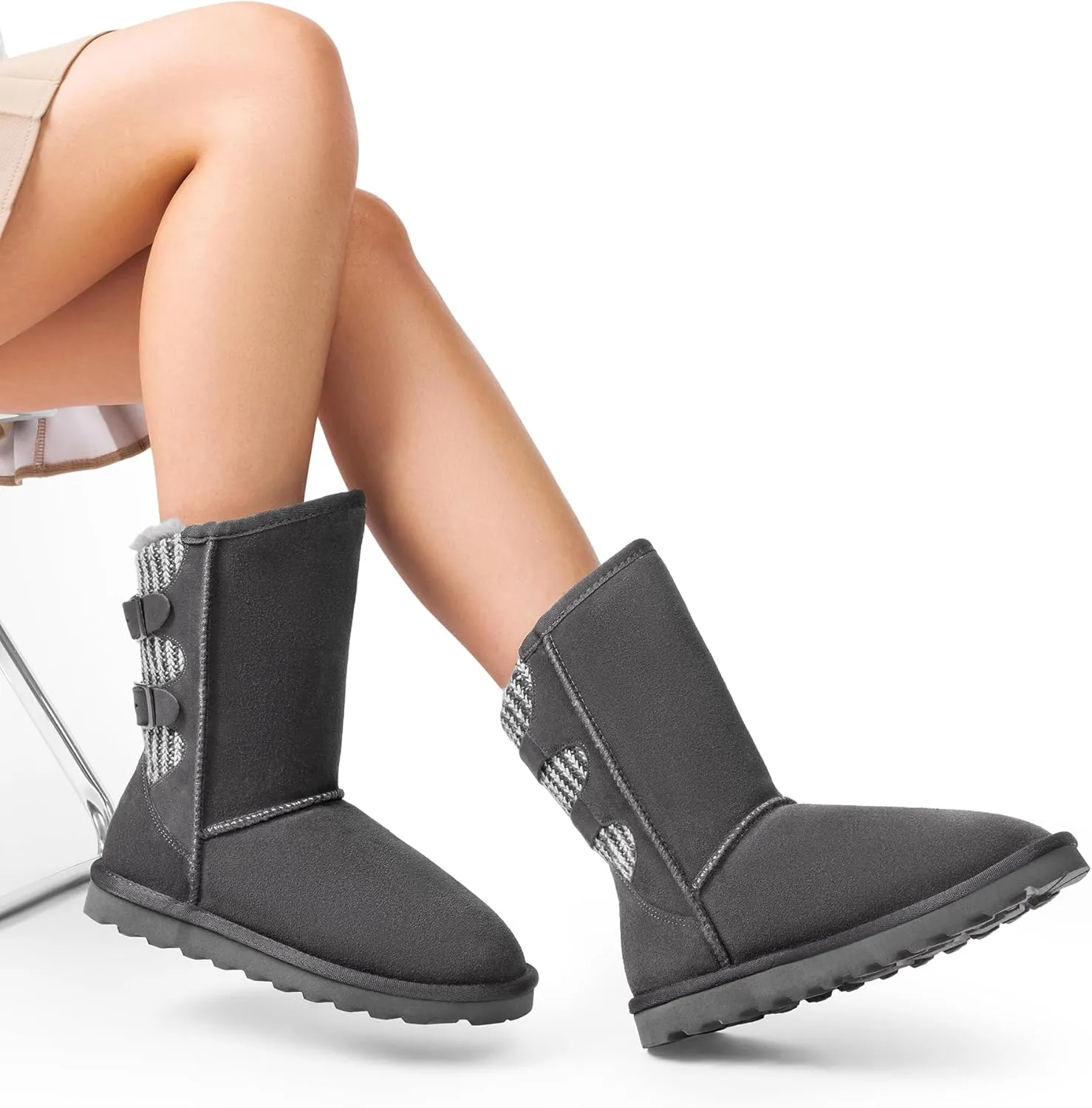 DREAM PAIRS Women's Mid Calf Winter Snow Boots Fashion FuzzyChic Buckle Booties