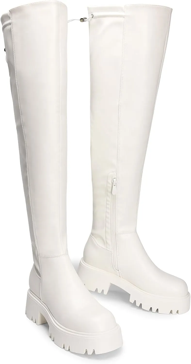 DREAM PAIRS Women's Platform Over The Knee Boots Lug Sole Round Toe Thigh High Long Chunky Block Heels Fall Boots