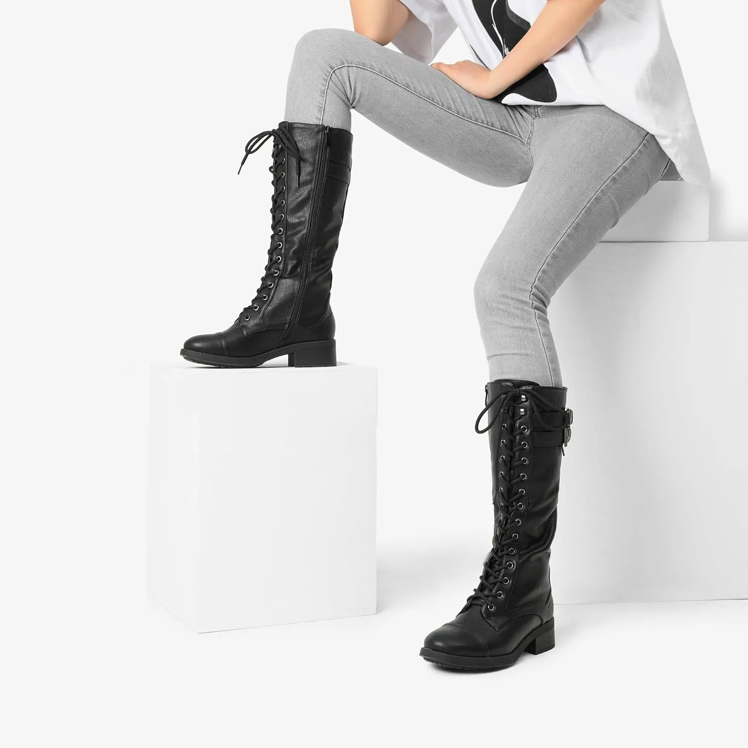DREAM PAIRS Women's Pu Knee High Riding Combat Boots
