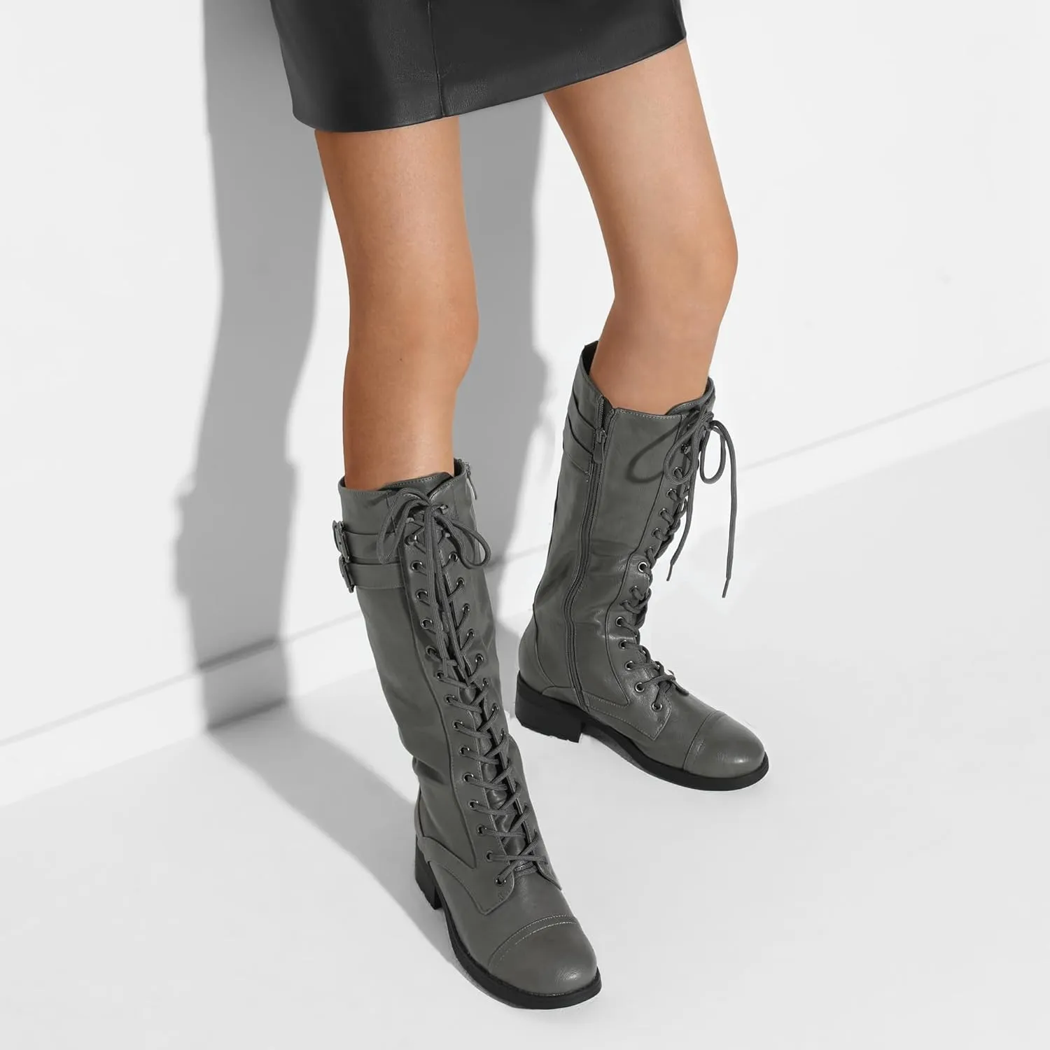DREAM PAIRS Women's Pu Knee High Riding Combat Boots