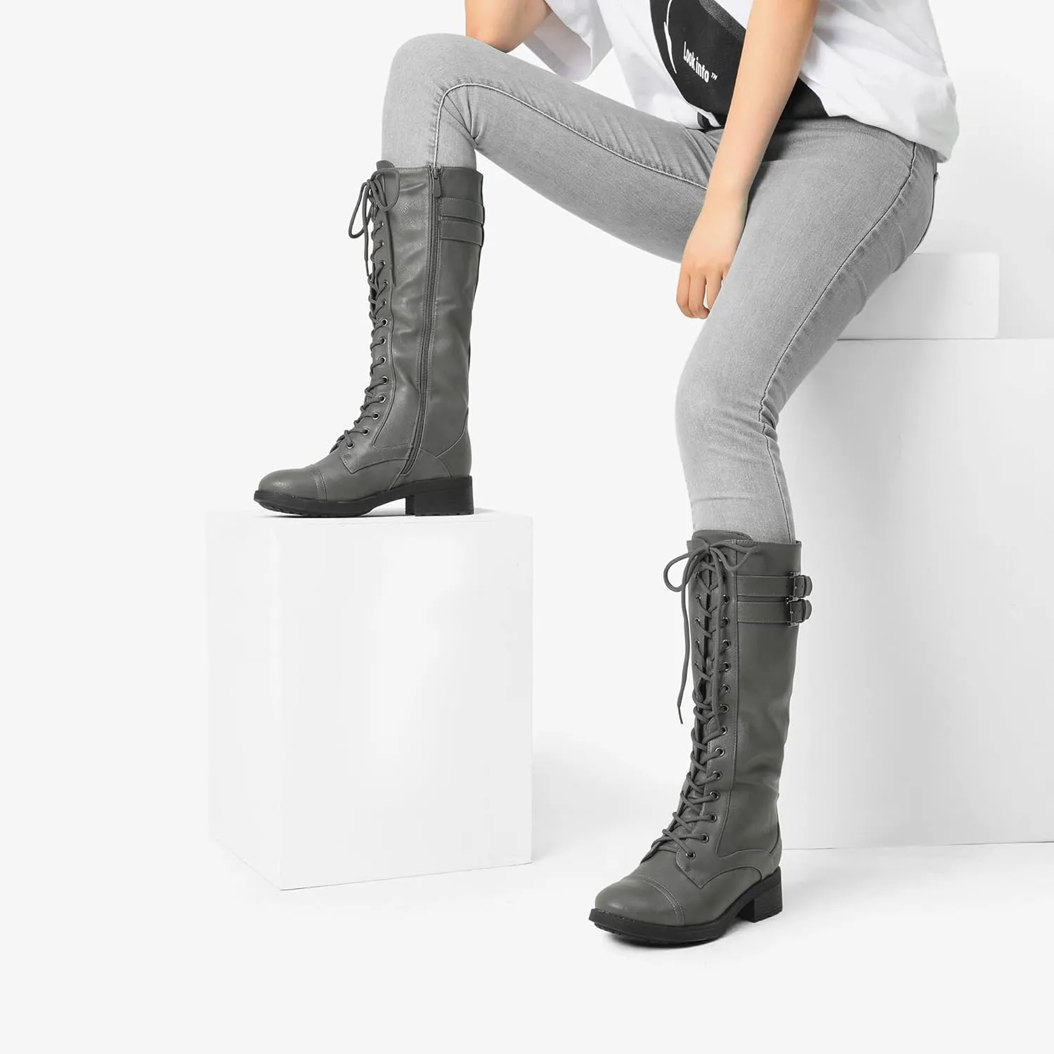 DREAM PAIRS Women's Pu Knee High Riding Combat Boots