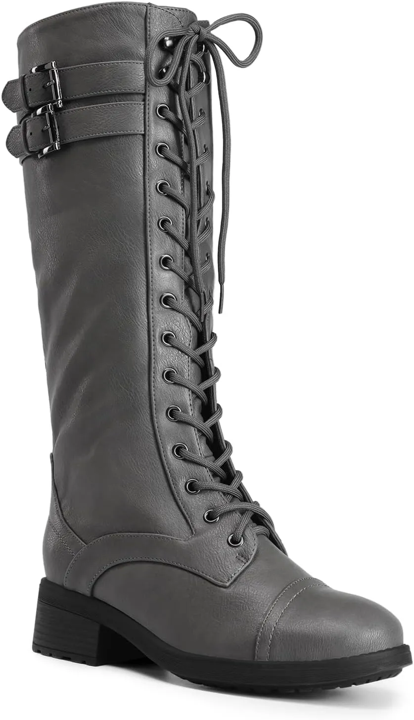 DREAM PAIRS Women's Pu Knee High Riding Combat Boots
