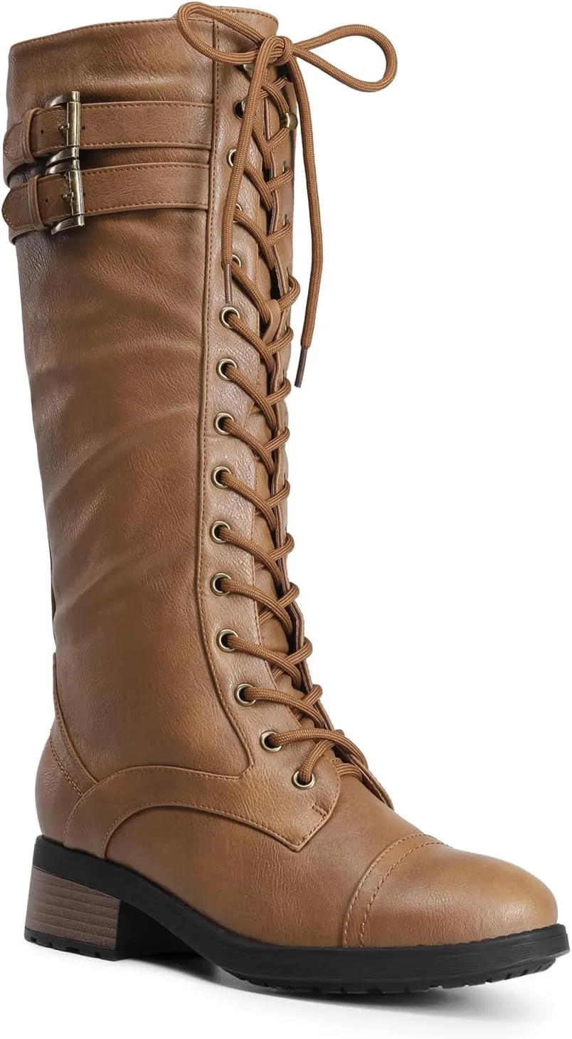 DREAM PAIRS Women's Pu Knee High Riding Combat Boots