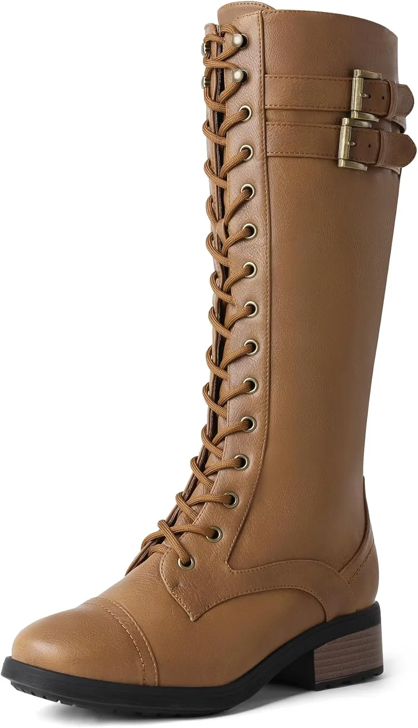 DREAM PAIRS Women's Pu Knee High Riding Combat Boots