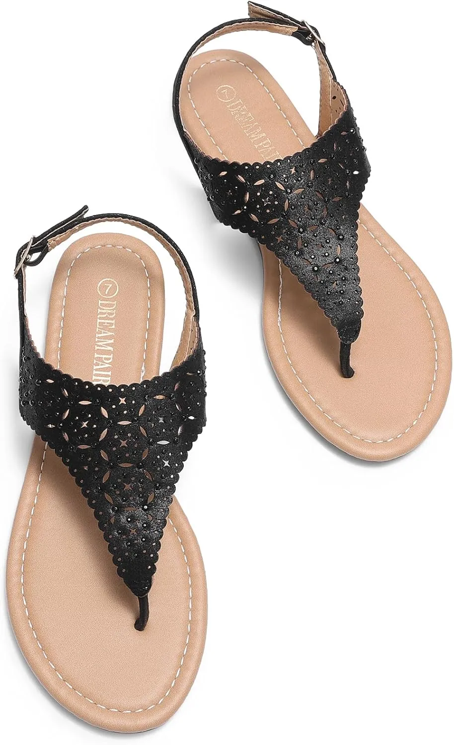 DREAM PAIRS Women's Rhinestone Casual Wear Cute Gladiator Flat Sandals Beach Dressy T-Strap Thong Sandals