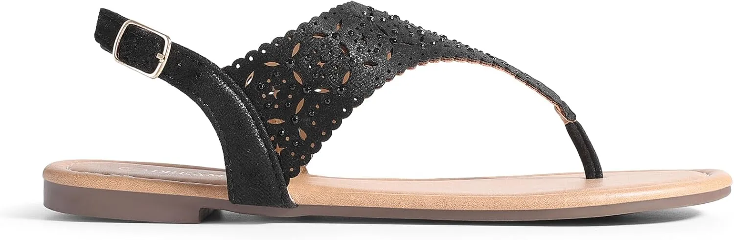 DREAM PAIRS Women's Rhinestone Casual Wear Cute Gladiator Flat Sandals Beach Dressy T-Strap Thong Sandals