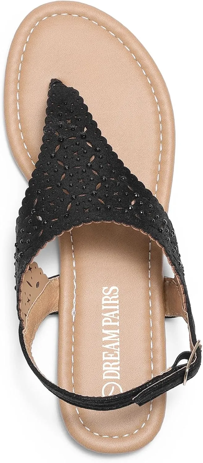 DREAM PAIRS Women's Rhinestone Casual Wear Cute Gladiator Flat Sandals Beach Dressy T-Strap Thong Sandals