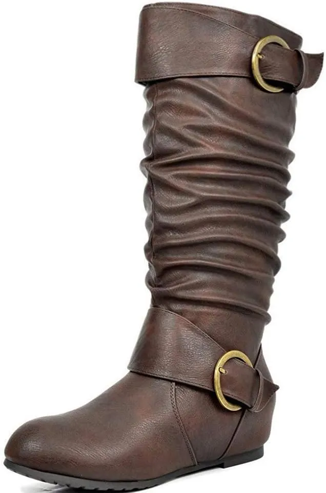 DREAM PAIRS Women's Wide Calf Knee High Boots, Fur-lined Low Hidden Wedge Boots