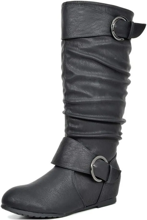 DREAM PAIRS Women's Wide Calf Knee High Boots, Fur-lined Low Hidden Wedge Boots