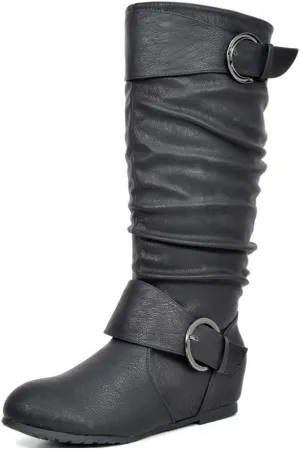 DREAM PAIRS Women's Wide Calf Knee High Boots, Fur-lined Low Hidden Wedge Boots