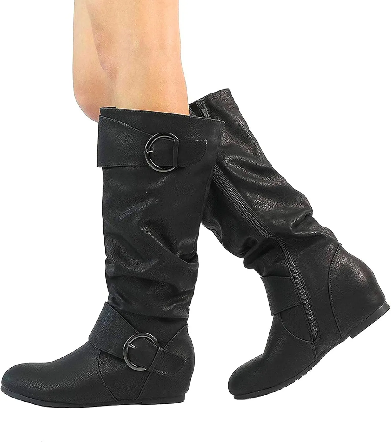 DREAM PAIRS Women's Wide Calf Knee High Boots, Fur-lined Low Hidden Wedge Boots