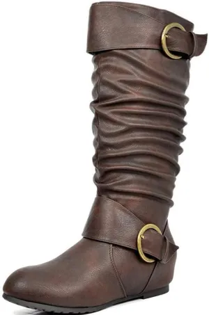 DREAM PAIRS Women's Wide Calf Knee High Boots, Fur-lined Low Hidden Wedge Boots