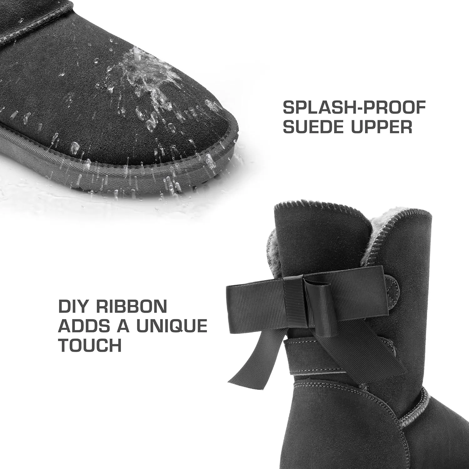 DREAM PAIRS Women's Winter Snow Boots FuzzyChic Bow Genuine Suede Leather Faux Fur Lining Memory Foam Warm Winter Short Booties for Outdoor Indoor