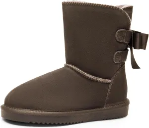 DREAM PAIRS Women's Winter Snow Boots FuzzyChic Bow Genuine Suede Leather Faux Fur Lining Memory Foam Warm Winter Short Booties for Outdoor Indoor