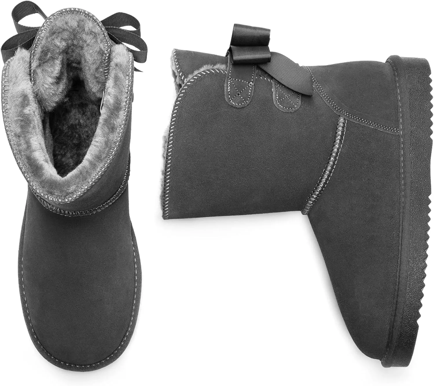 DREAM PAIRS Women's Winter Snow Boots FuzzyChic Bow Genuine Suede Leather Faux Fur Lining Memory Foam Warm Winter Short Booties for Outdoor Indoor