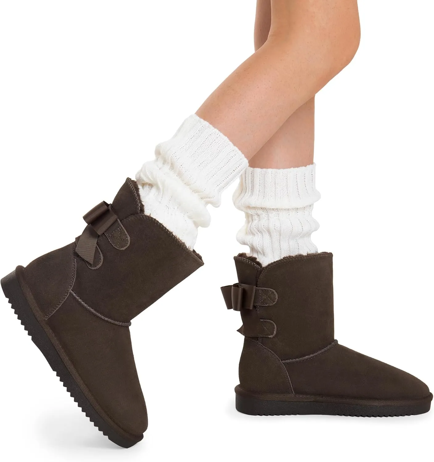 DREAM PAIRS Women's Winter Snow Boots FuzzyChic Bow Genuine Suede Leather Faux Fur Lining Memory Foam Warm Winter Short Booties for Outdoor Indoor