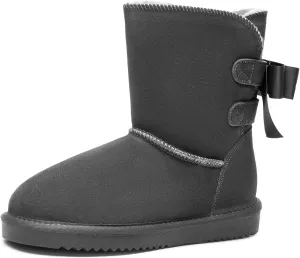 DREAM PAIRS Women's Winter Snow Boots FuzzyChic Bow Genuine Suede Leather Faux Fur Lining Memory Foam Warm Winter Short Booties for Outdoor Indoor