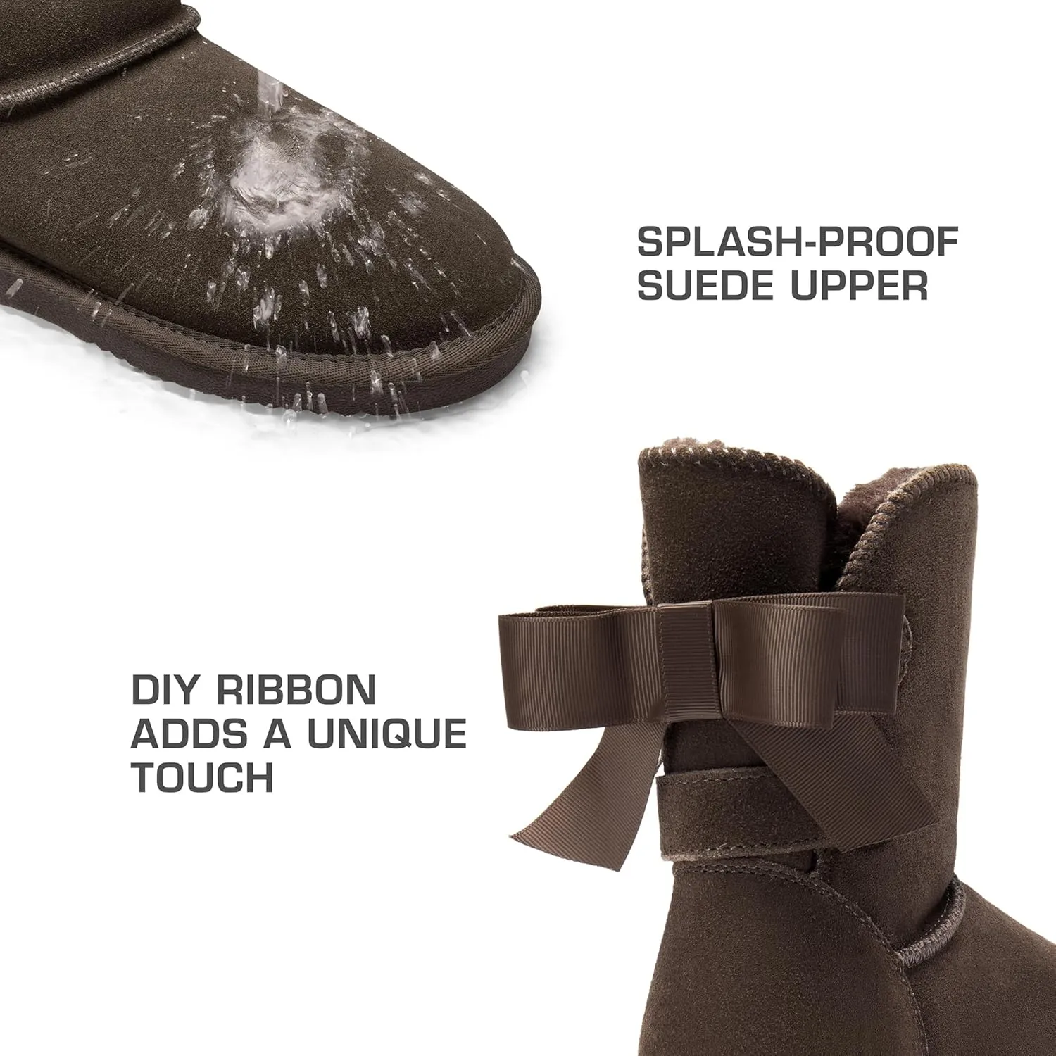 DREAM PAIRS Women's Winter Snow Boots FuzzyChic Bow Genuine Suede Leather Faux Fur Lining Memory Foam Warm Winter Short Booties for Outdoor Indoor
