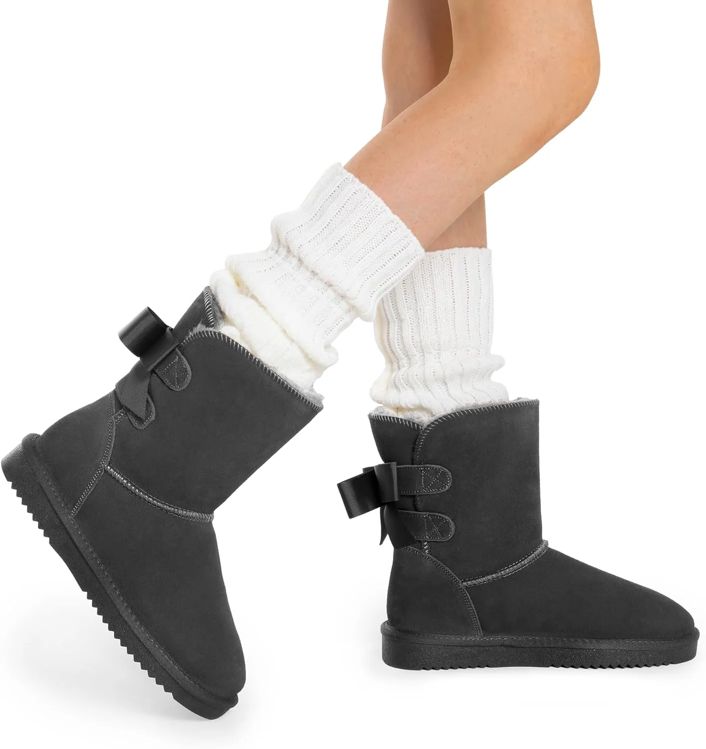 DREAM PAIRS Women's Winter Snow Boots FuzzyChic Bow Genuine Suede Leather Faux Fur Lining Memory Foam Warm Winter Short Booties for Outdoor Indoor