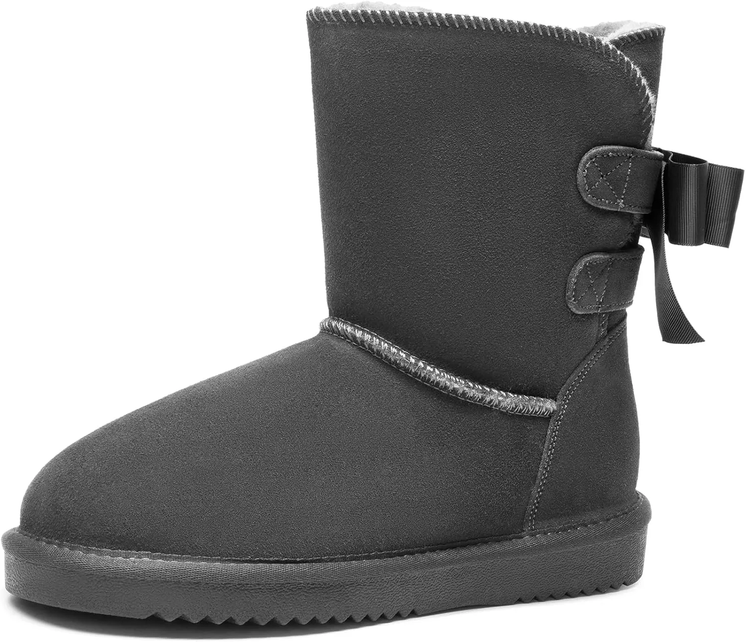 DREAM PAIRS Women's Winter Snow Boots FuzzyChic Bow Genuine Suede Leather Faux Fur Lining Memory Foam Warm Winter Short Booties for Outdoor Indoor