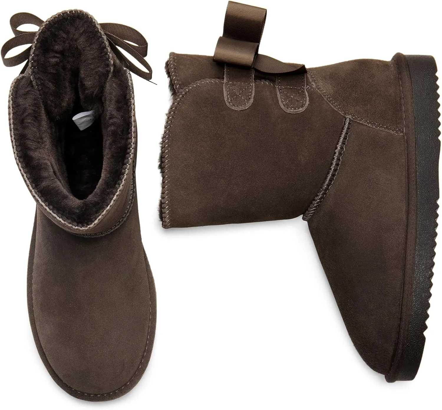 DREAM PAIRS Women's Winter Snow Boots FuzzyChic Bow Genuine Suede Leather Faux Fur Lining Memory Foam Warm Winter Short Booties for Outdoor Indoor