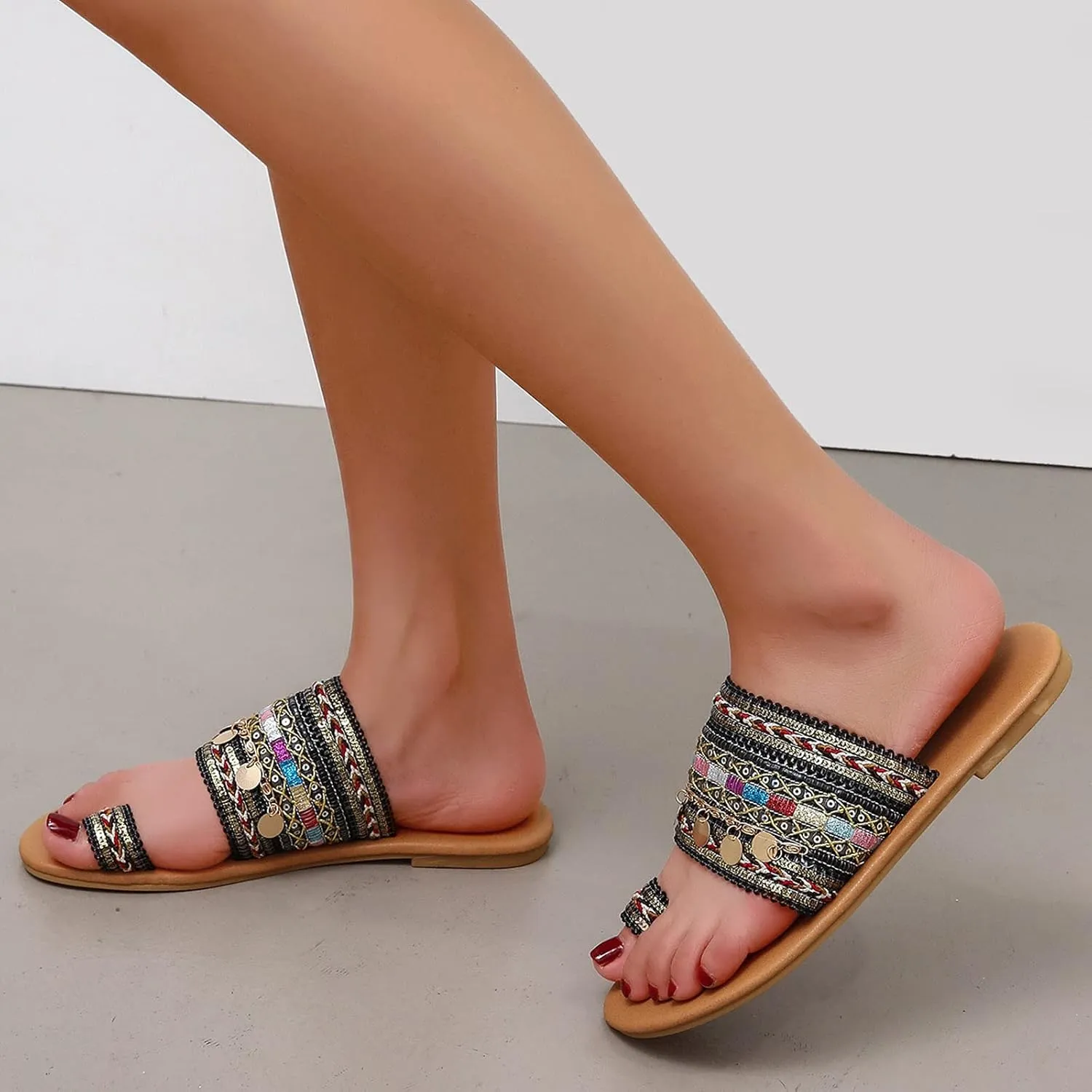 Dressy Flat Sandals for Women Falt Slip On Two Strap toe Loop Summer Slide Plus Size Flip Flops Retro One toe