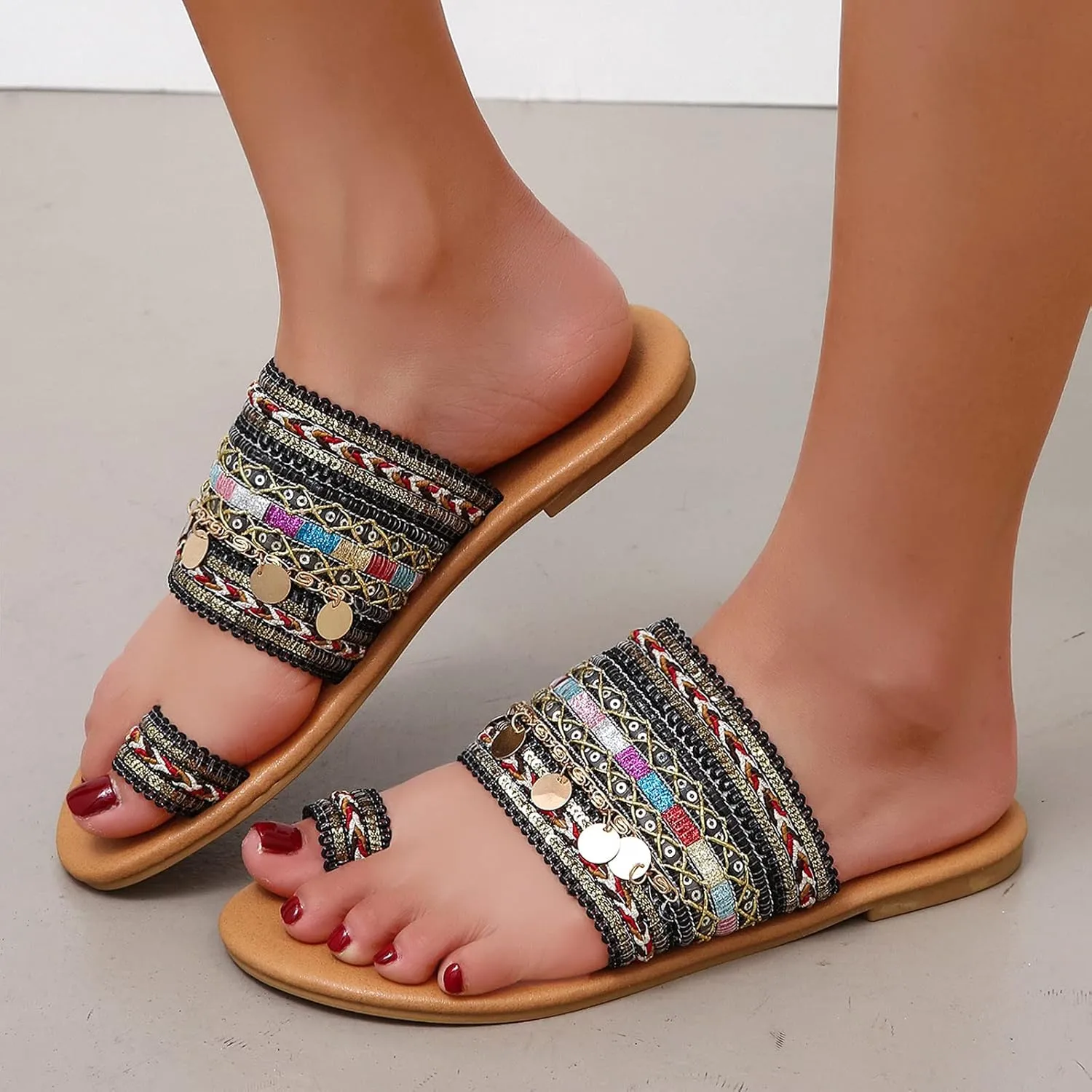 Dressy Flat Sandals for Women Falt Slip On Two Strap toe Loop Summer Slide Plus Size Flip Flops Retro One toe