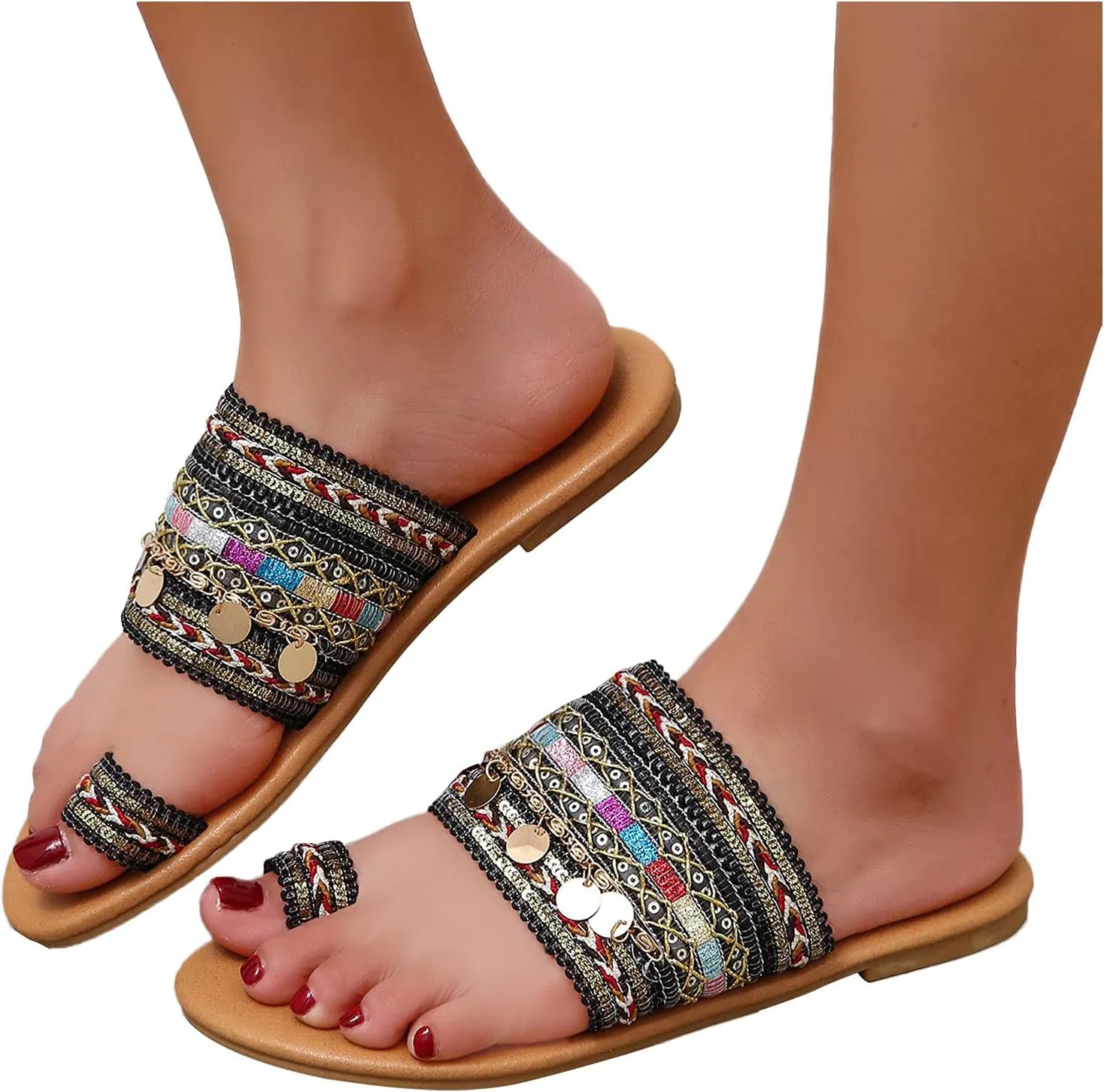 Dressy Flat Sandals for Women Falt Slip On Two Strap toe Loop Summer Slide Plus Size Flip Flops Retro One toe
